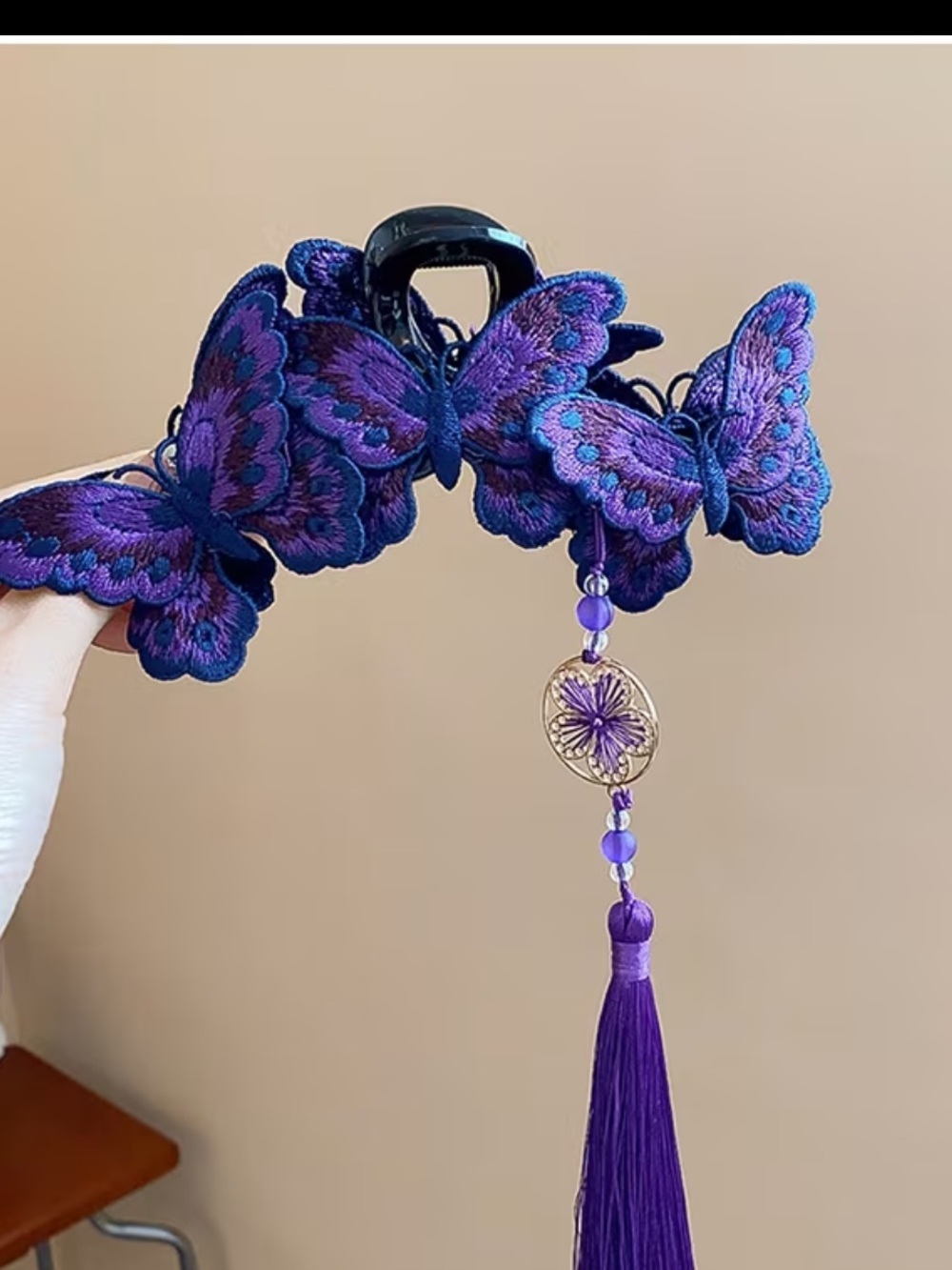 Purple Embroidered Butterfly Hair Claw Clip, Tassel Alloy Hollow Flower Pendant - Picture 4 of 5